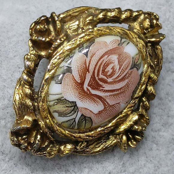 Vintage Edwardian Style Rose Ceramic Stick Pin, Antique Gold Tone, 1960s, 3 Inch - Picture 2 of 10